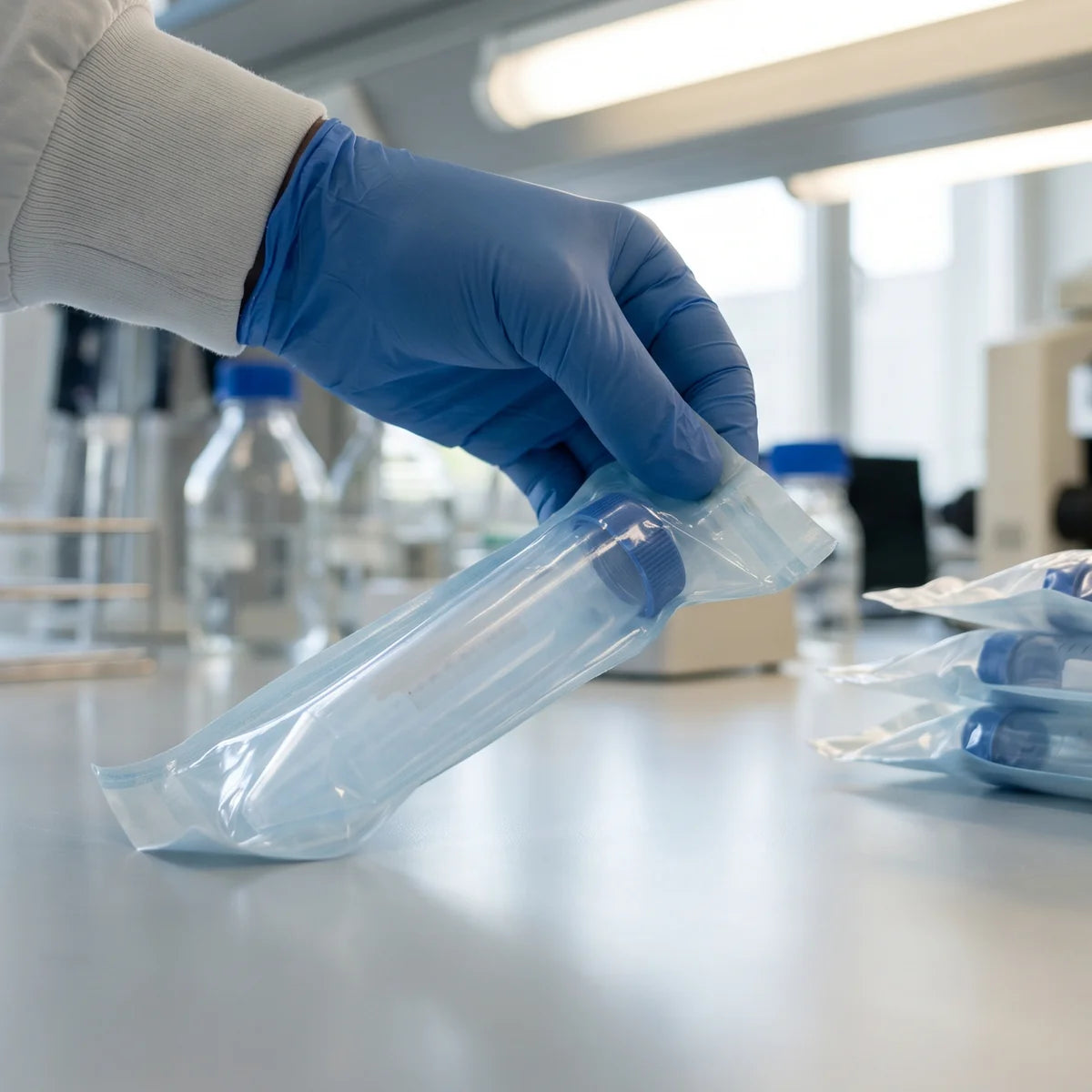 Gloved hand opening an individually wrapped sterile centrifuge tube