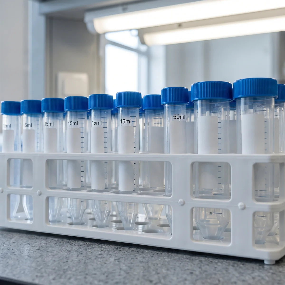 Laboratory rack holding capped centrifuge tubes upright and organised