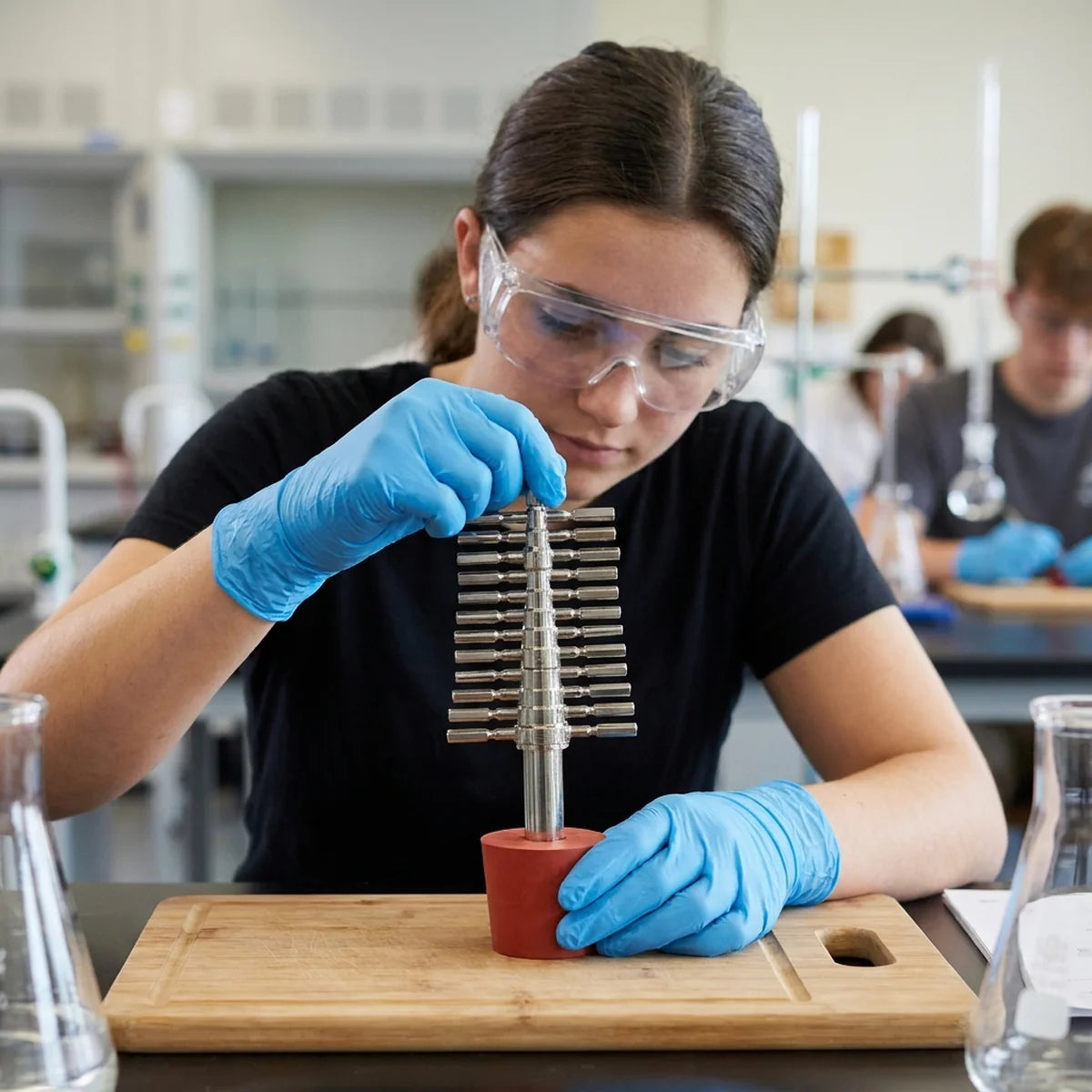 Student using cork borer in classroom
