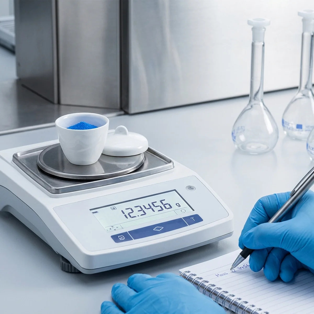 Crucible on analytical balance for gravimetric analysis