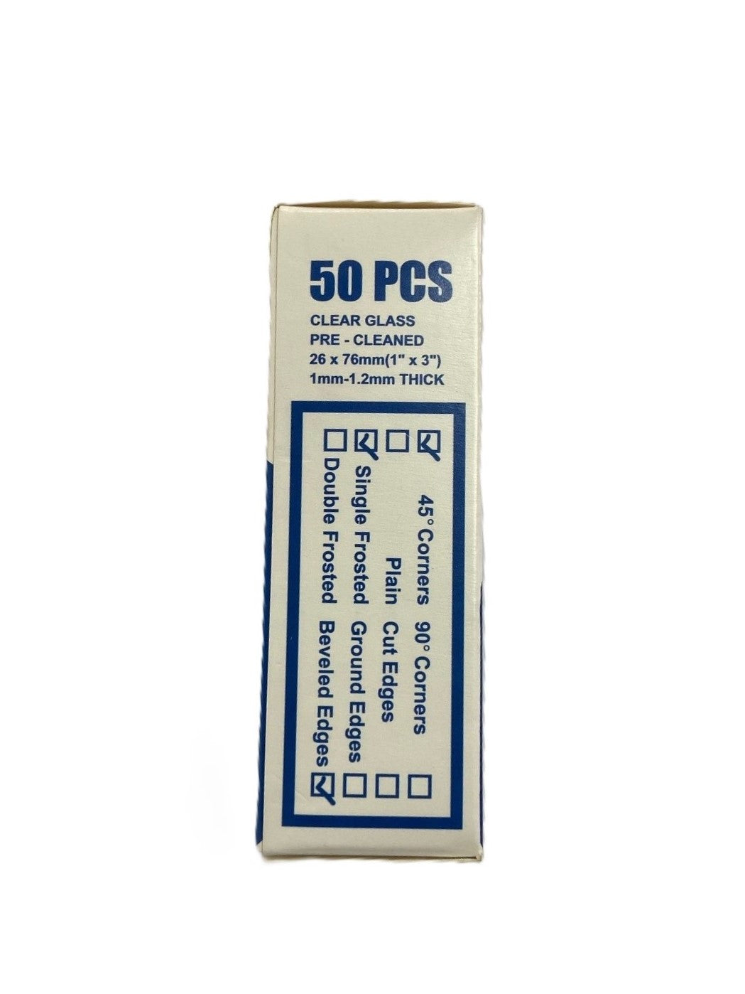 Microscope slides with beveled edges and 45-degree frosted corner for easy labelling