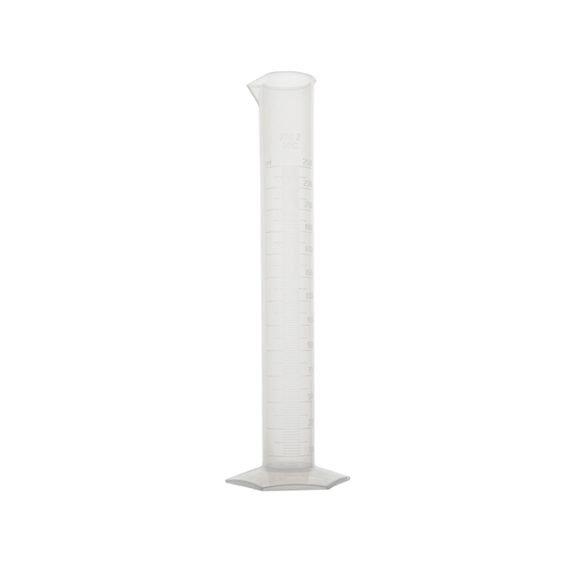 Polypropylene measuring cylinder with hexagonal anti-roll base and white graduation markings