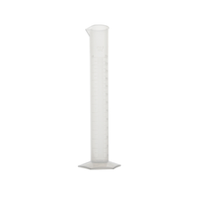 Polypropylene measuring cylinder with hexagonal anti-roll base and white graduation markings