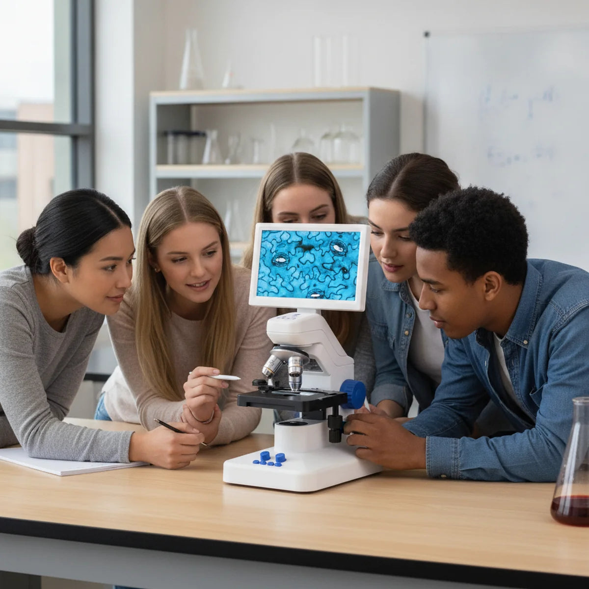 Students gathered around a digital microscope LCD screen in classroom