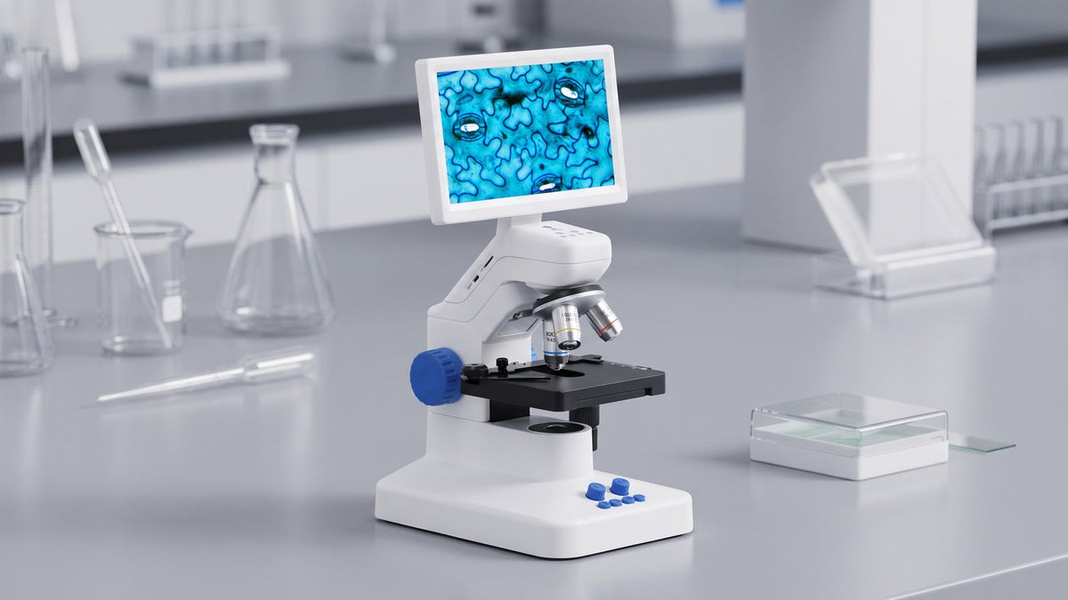 Digital microscope with built-in LCD screen showing magnified cell image