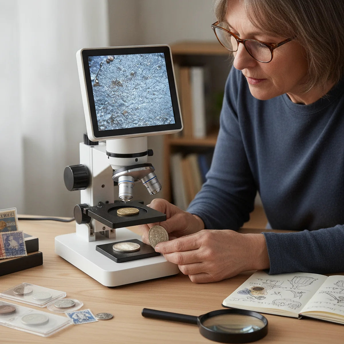 Hobbyist examining a coin with a digital microscope at home