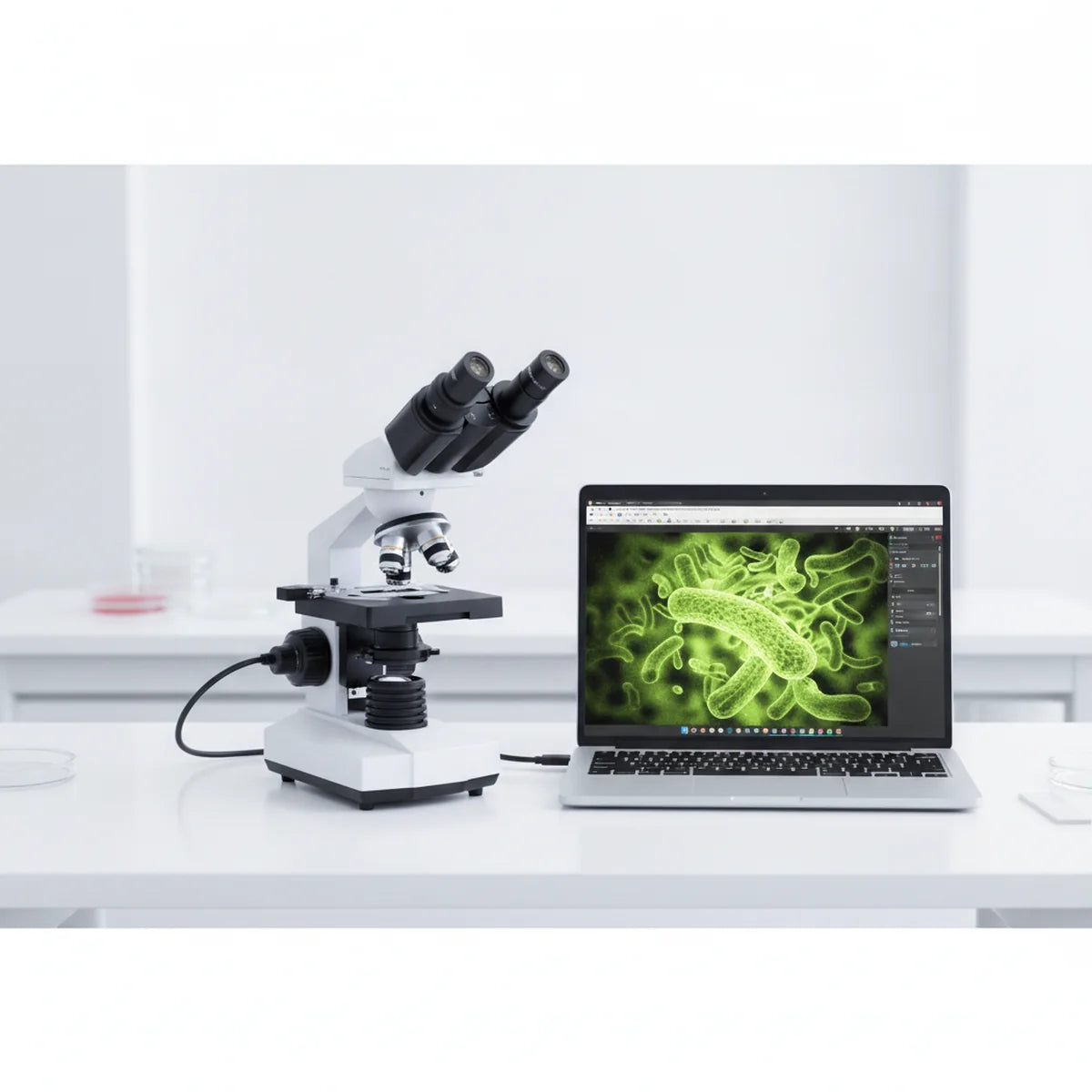 Digital microscope connected to laptop showing live capture software