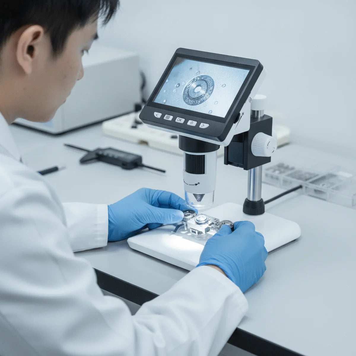 Technician using digital microscope to inspect a manufactured part