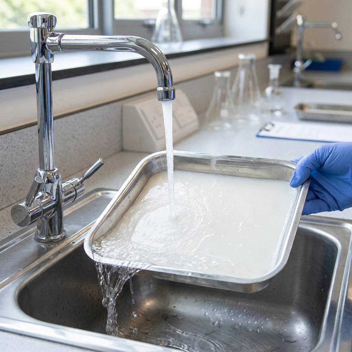 Rinsing a dissecting tray clean