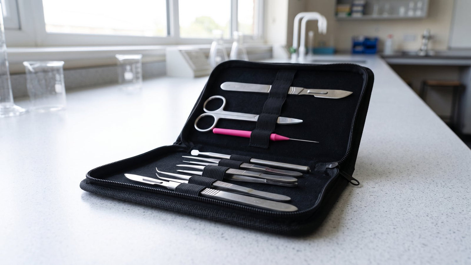 Dissecting kit open on lab bench