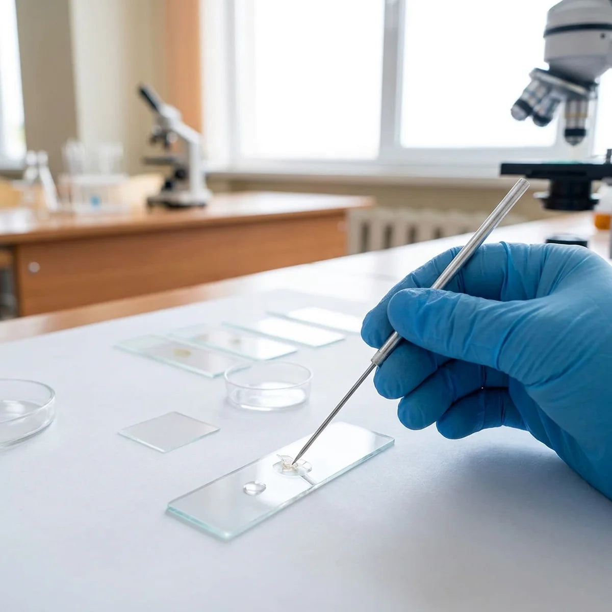 Needle positioning a sample on a microscope slide