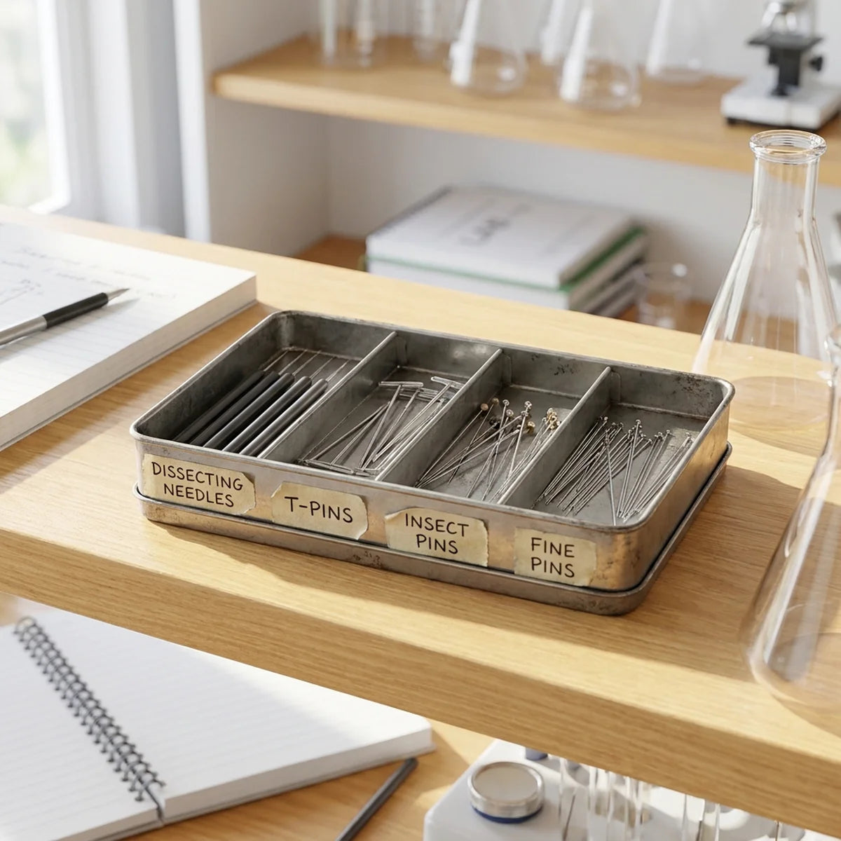 Sorted dissecting needles and pins storage tray
