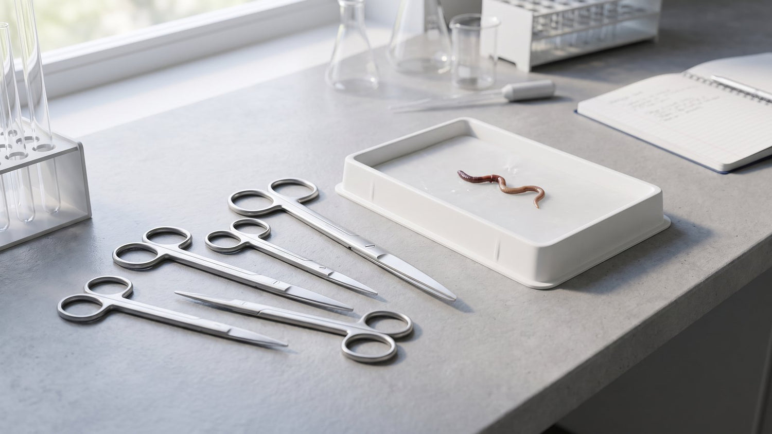 Dissecting scissors laid out on lab bench