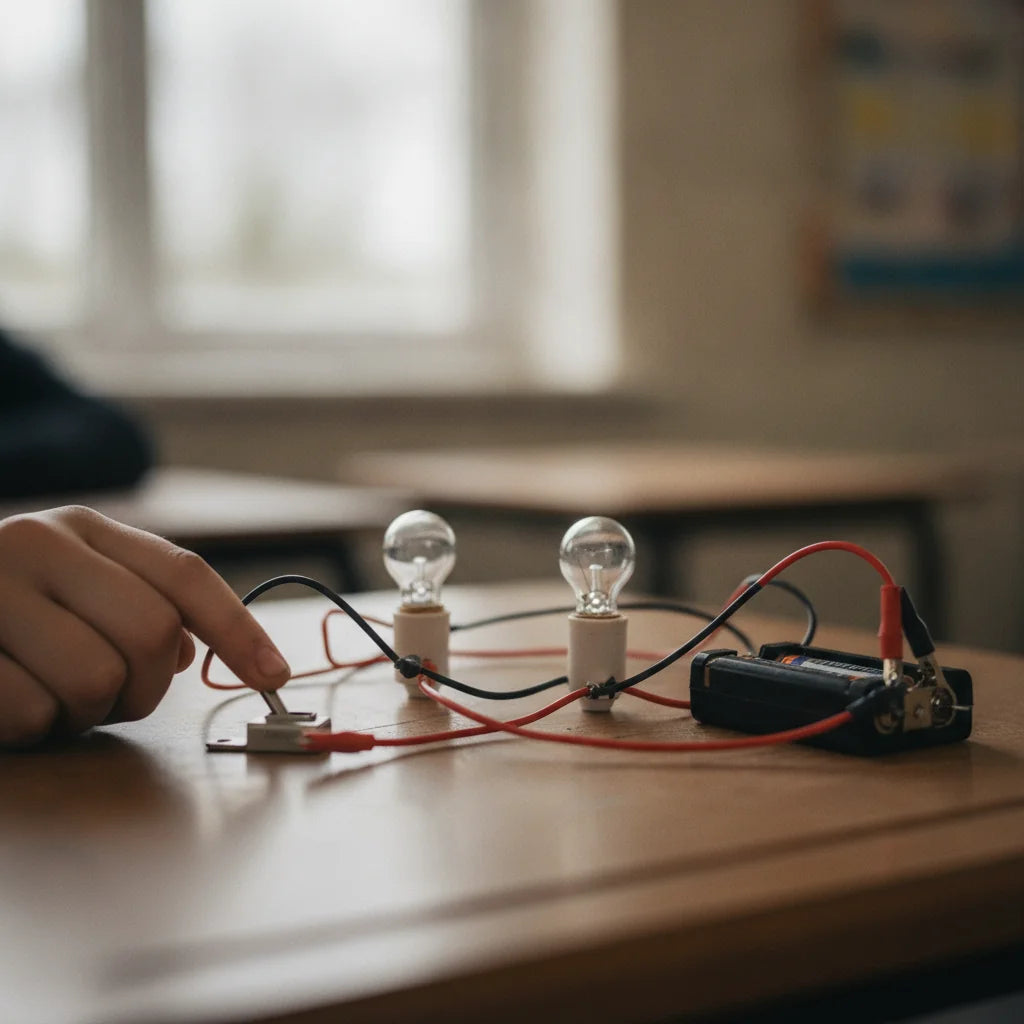 Series circuit with two bulbs in holders, a knife switch, battery holder and crocodile clip leads