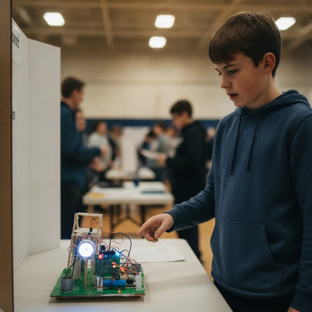 Learner presenting a working sensor circuit project at a school science expo table
