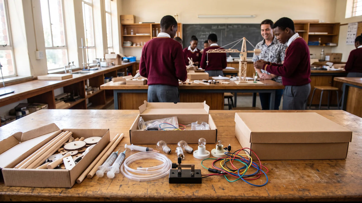 School science classroom bench laid out with project kit parts, bulbs, syringes and wooden model components