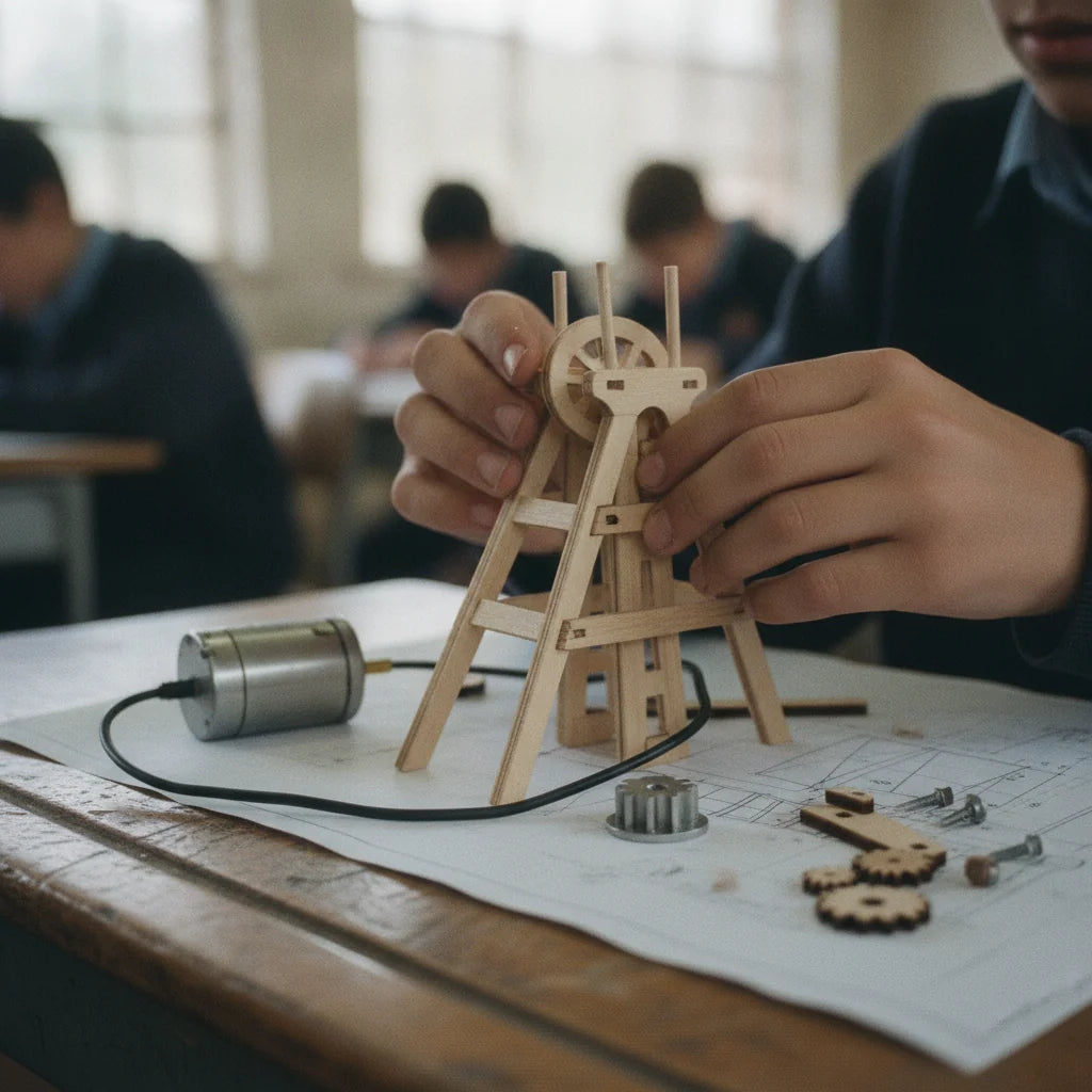 Learner assembling a wooden mine shaft headgear model with a small motor, gears and pulley