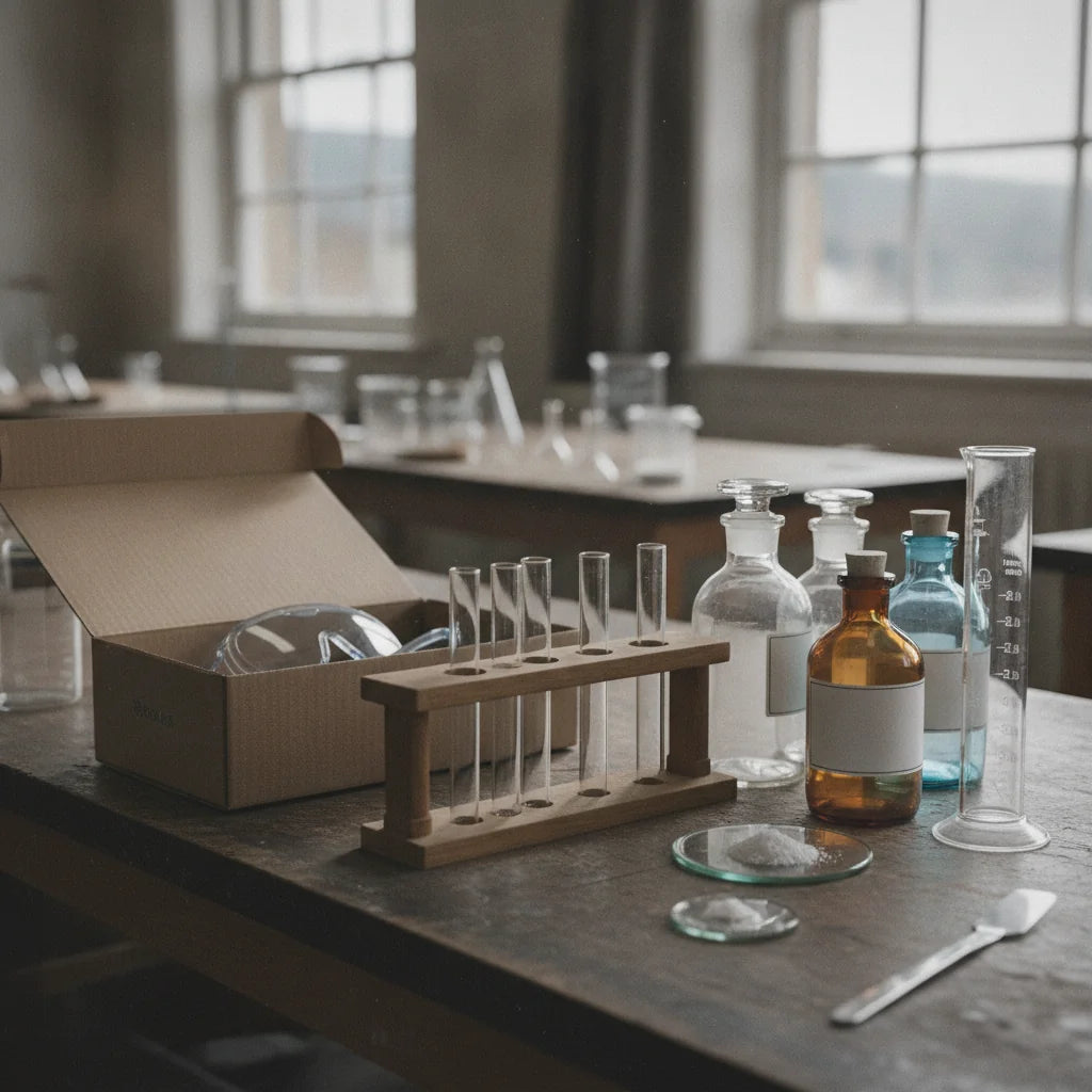 Chemistry starter kit with test tubes in a rack, reagent bottles and a measuring cylinder on a school bench