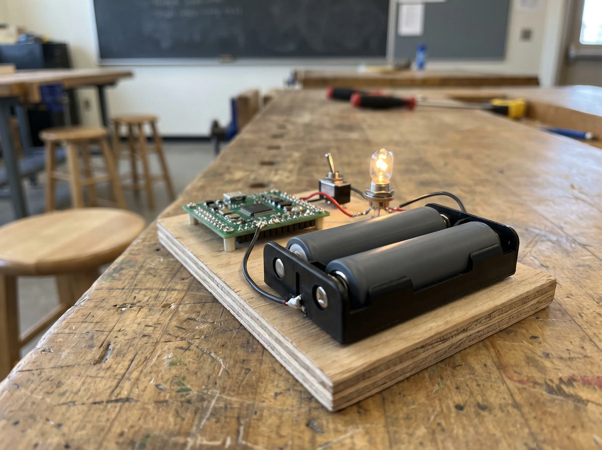 A simple circuit board with a battery holder and lit bulb