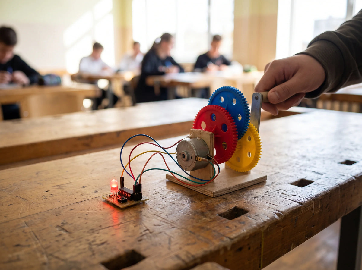 A hand turning a geared hand generator wired to a circuit board