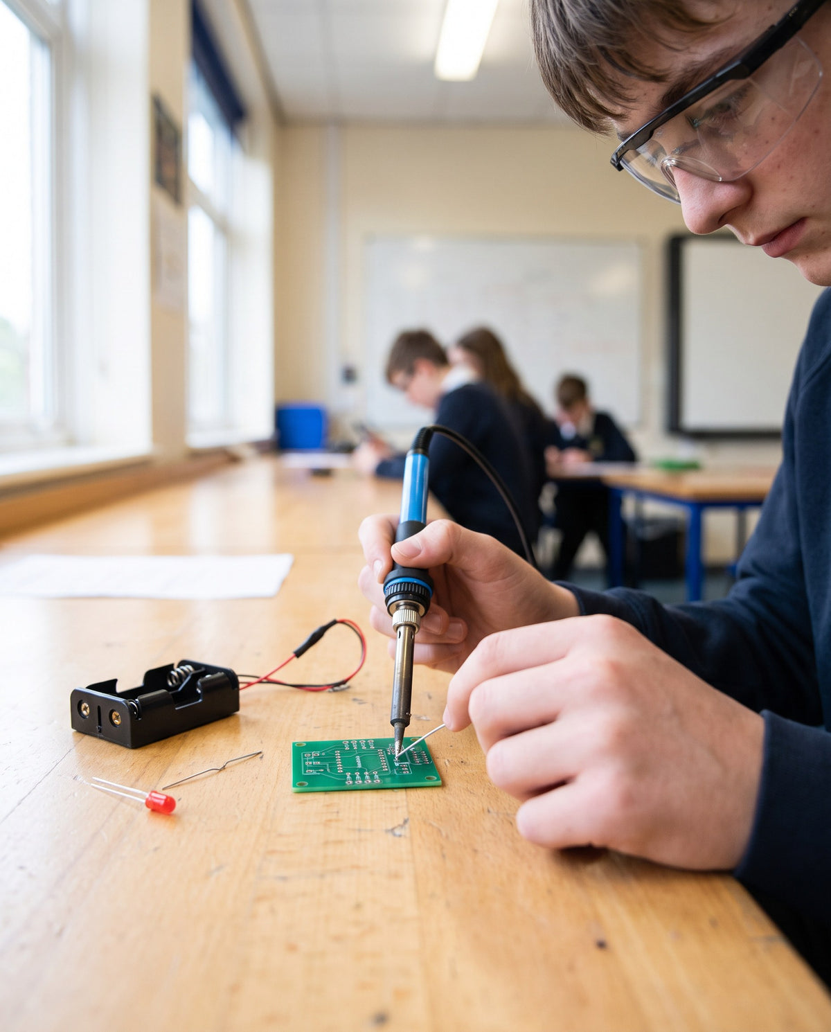 A pupil soldering components onto a circuit board