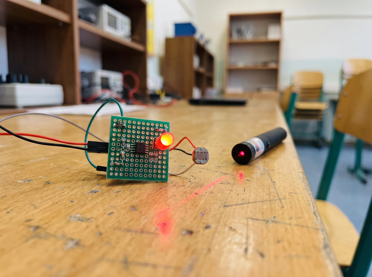 A school laser alarm project with an LDR sensor on a green circuit board and a laser pointer