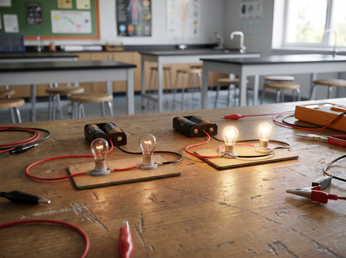 Two circuit boards comparing bulbs wired in series and in parallel