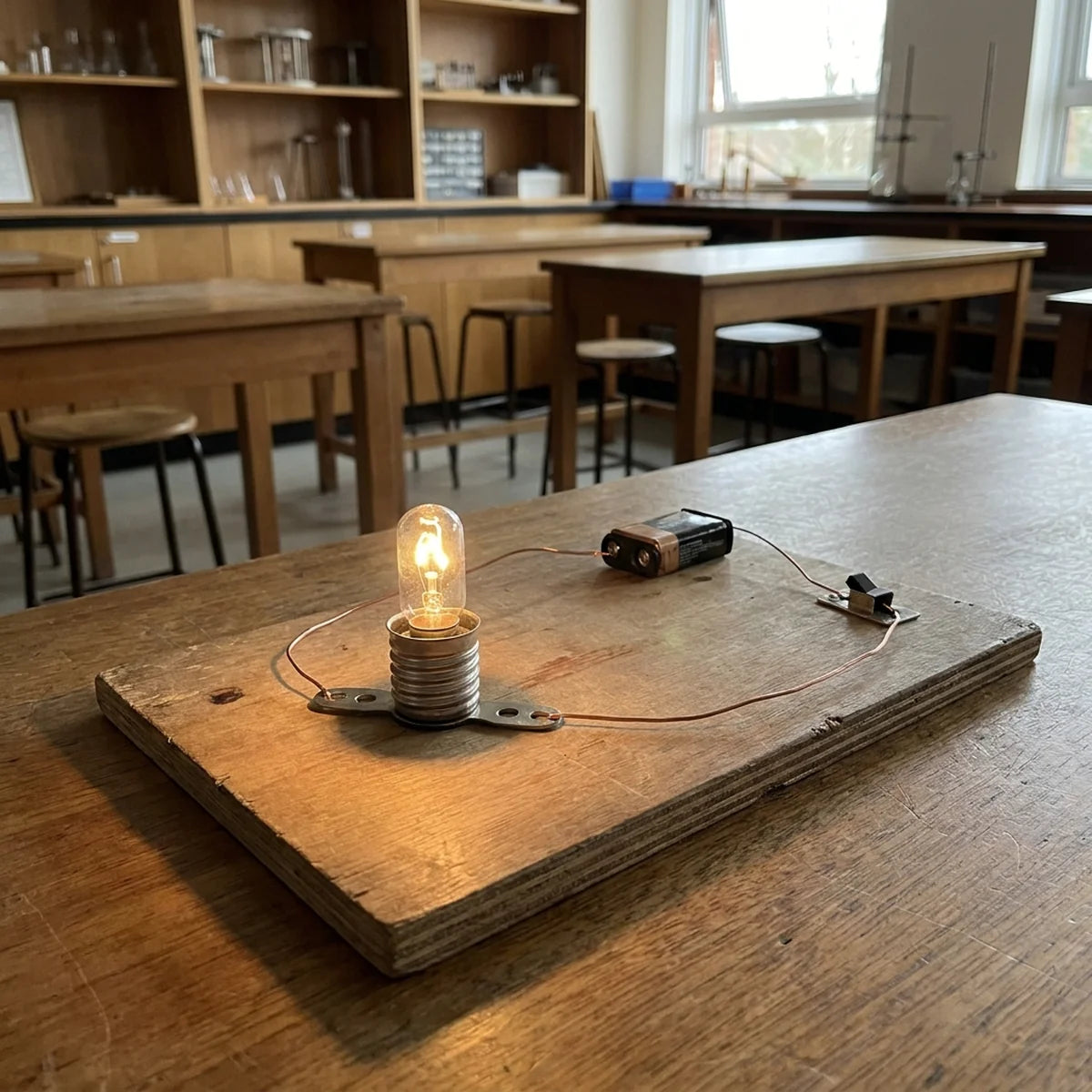 A lit bulb and battery holder wired on a plywood circuit board