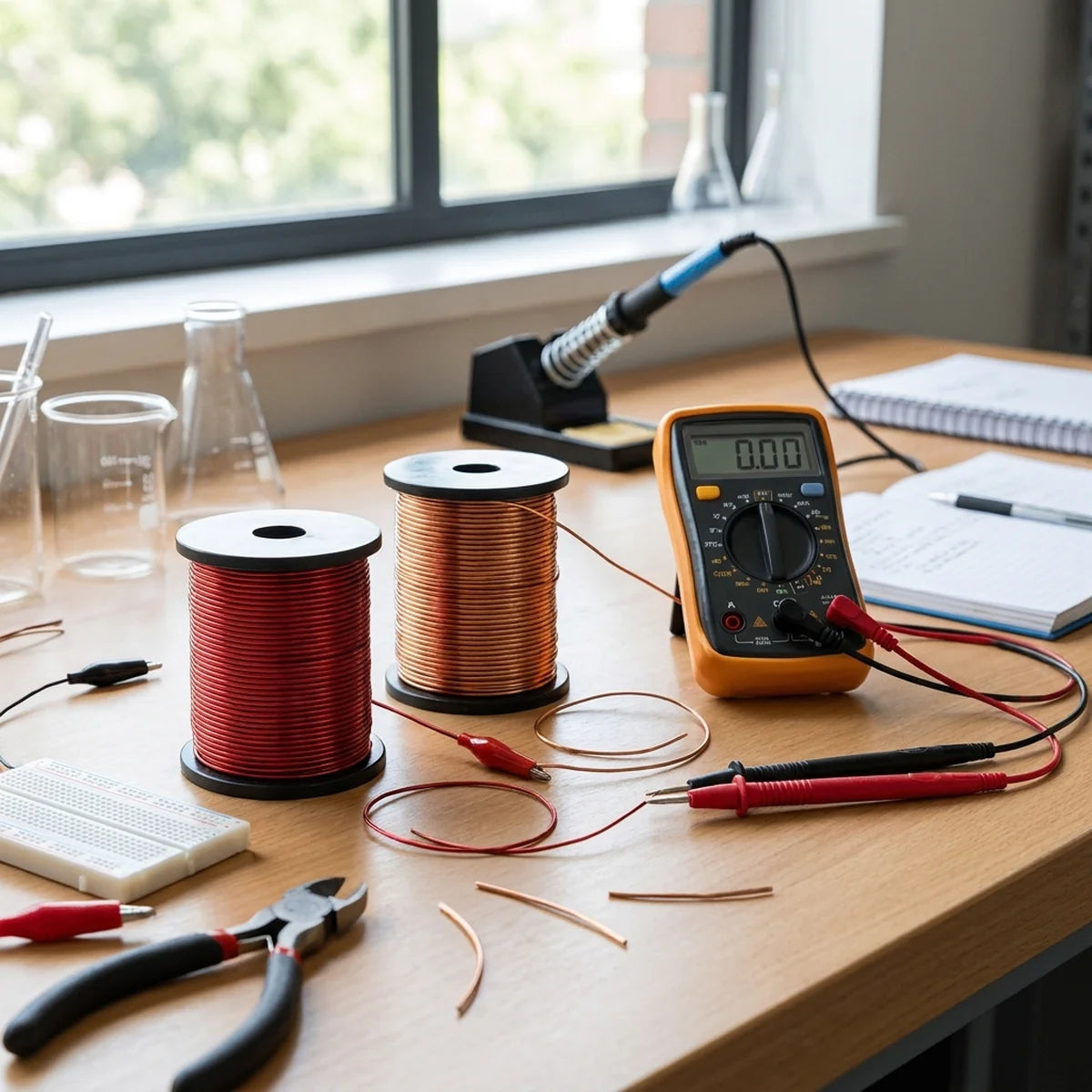 Reels of copper wire and a multimeter with test leads on a bench
