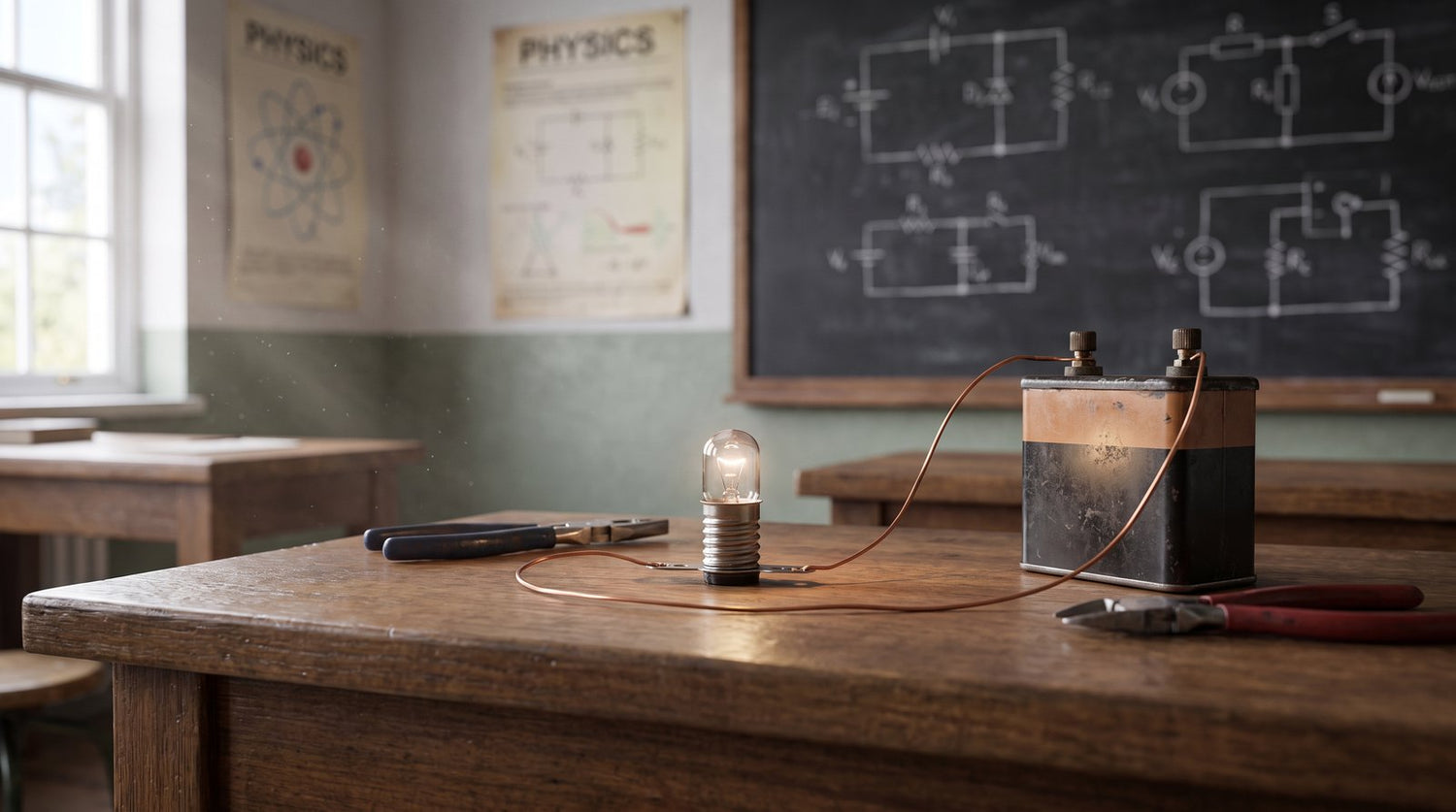 Circuit components on a bench below physics chalkboards