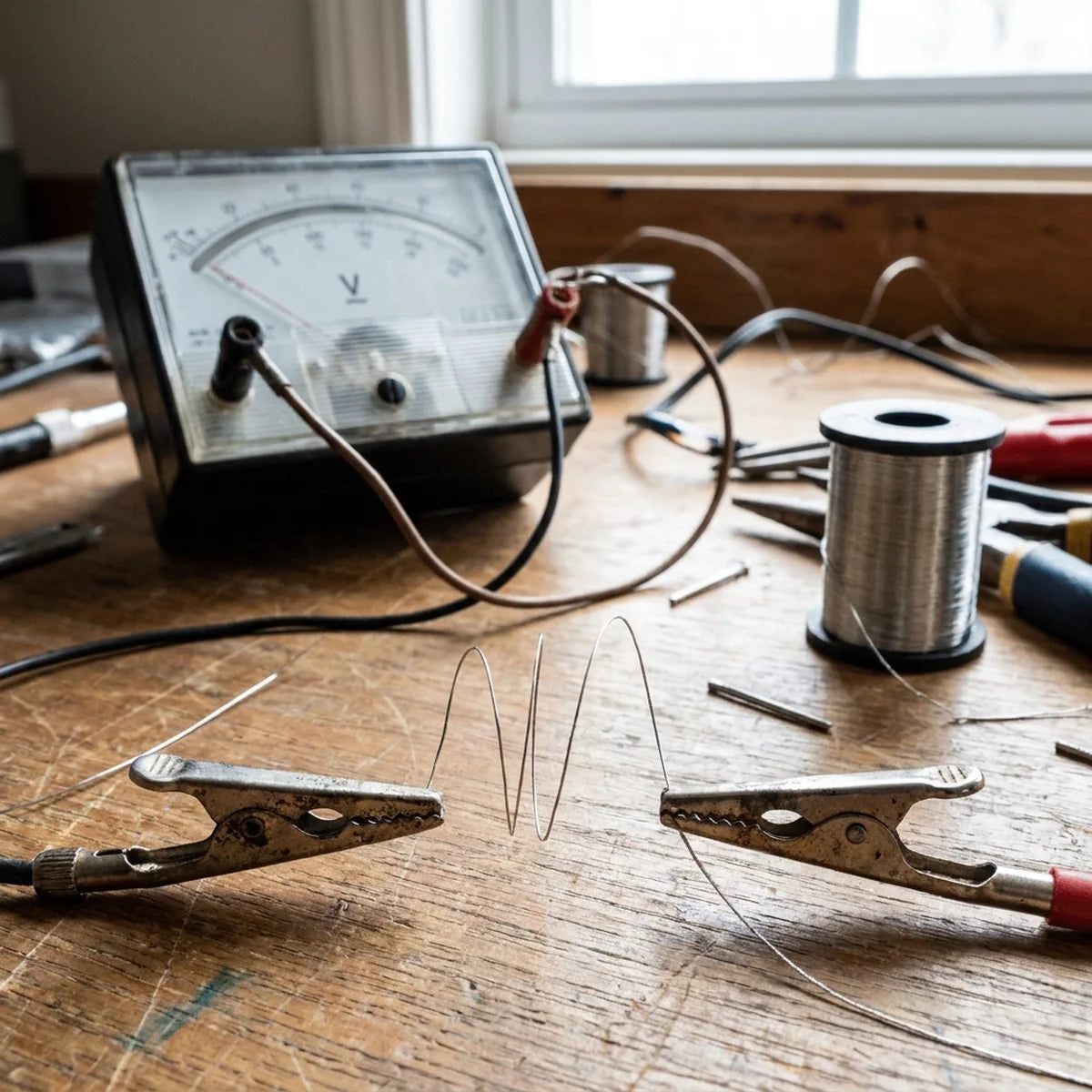 An analogue voltmeter wired to a wire reel with crocodile clips