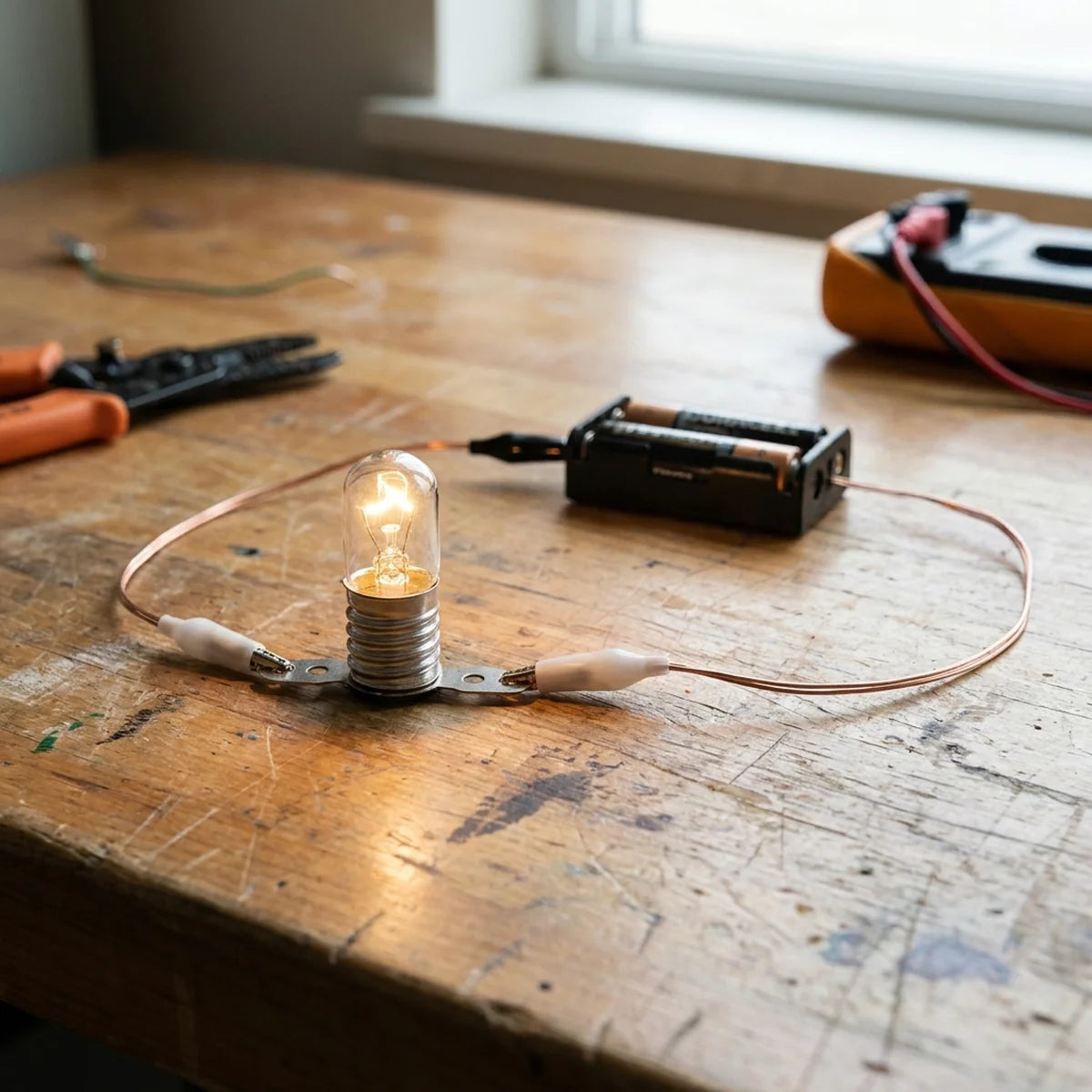 A lit bulb wired in series to a battery holder on a bench