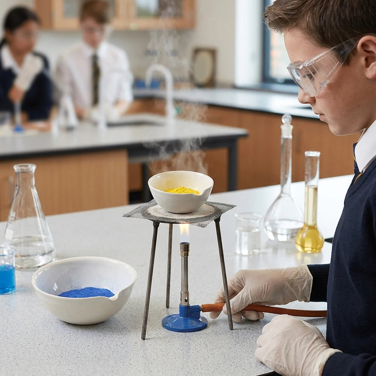 Student heating evaporating dish in classroom