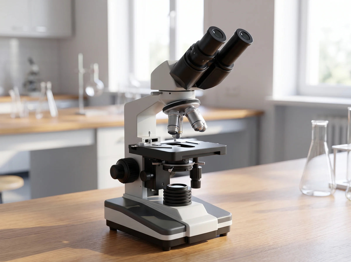 A binocular compound microscope on a wooden laboratory bench