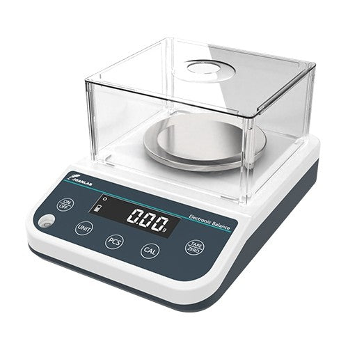 JOANLAB precision electronic balance with draft shield, digital display reading 0.00g