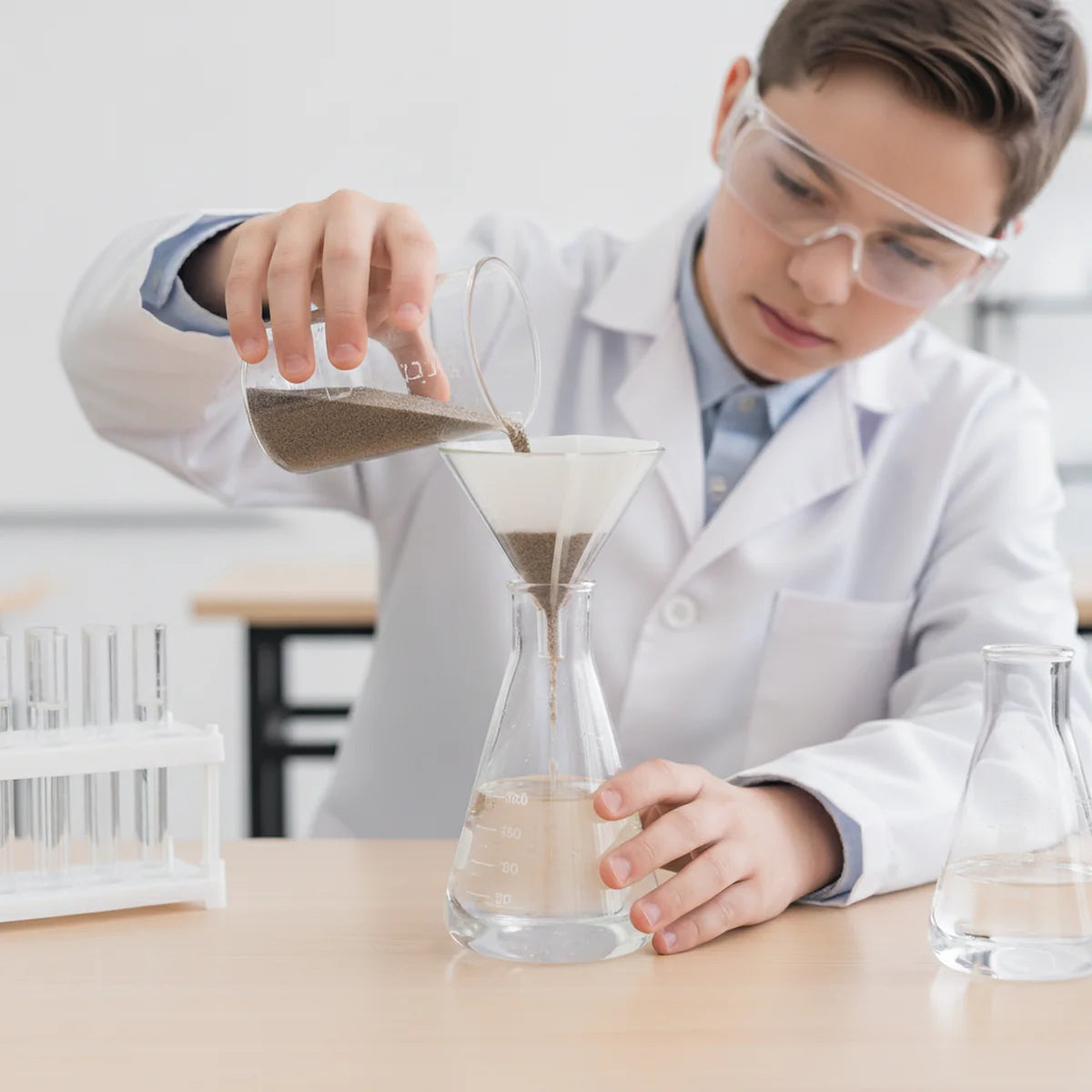 Student separating sand from water with filter paper in class