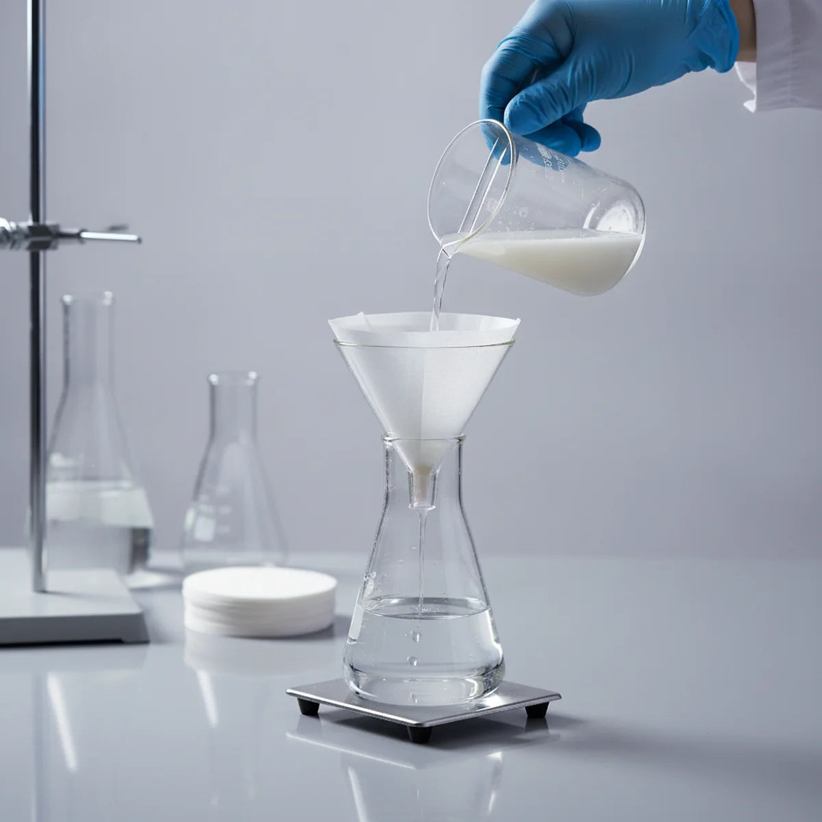 Gravity filtering a precipitate through filter paper into a beaker