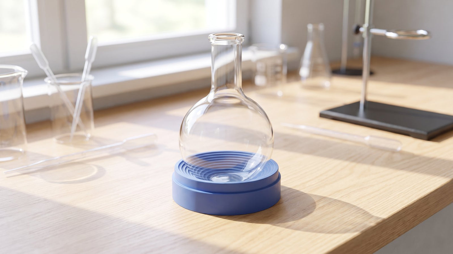 Round-bottom flask in a rubber ring stand