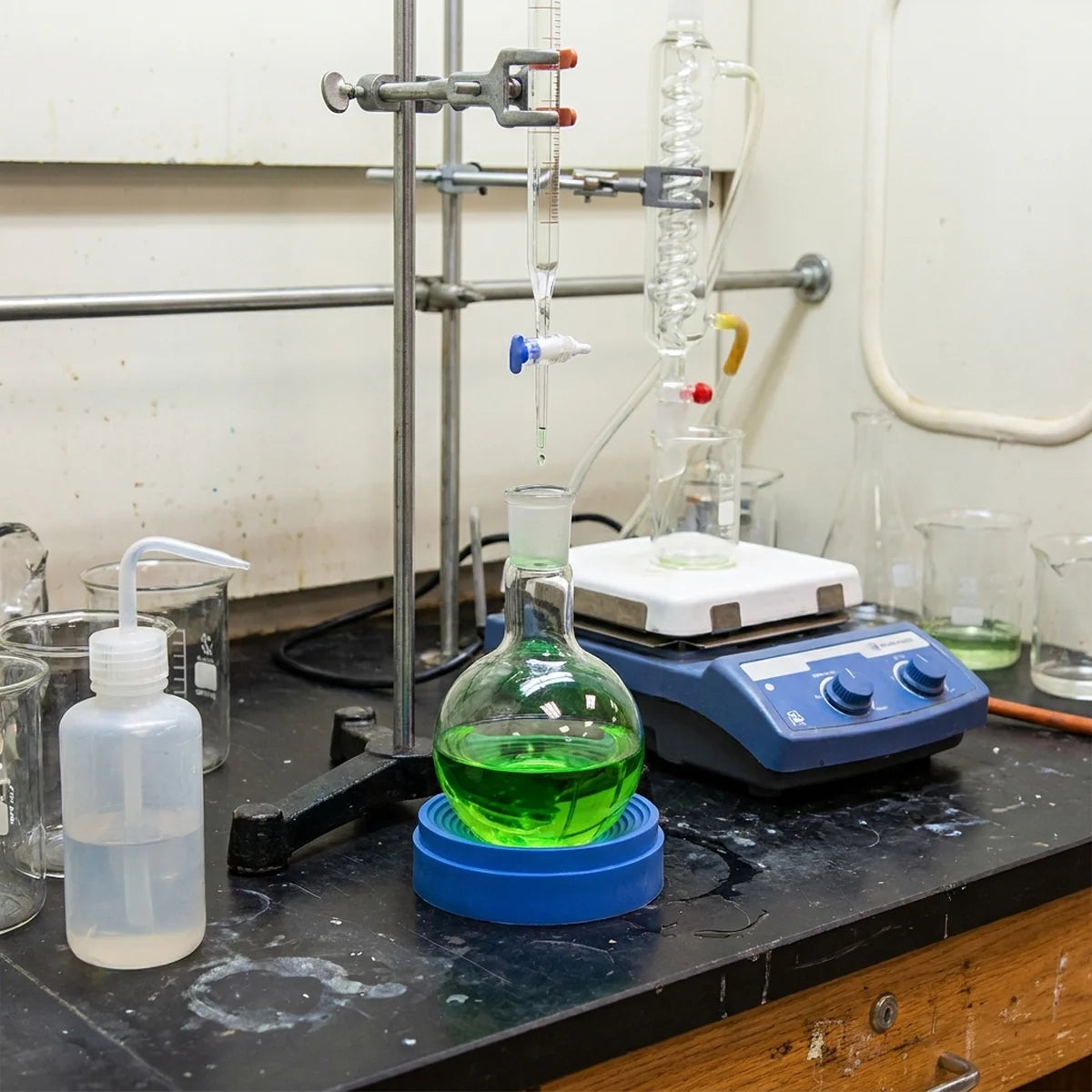 Flask stand supporting a titration setup