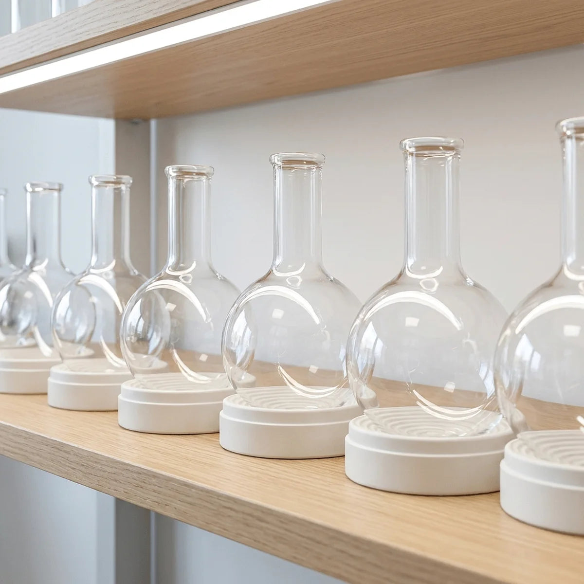 Flasks stored upright in ring stands
