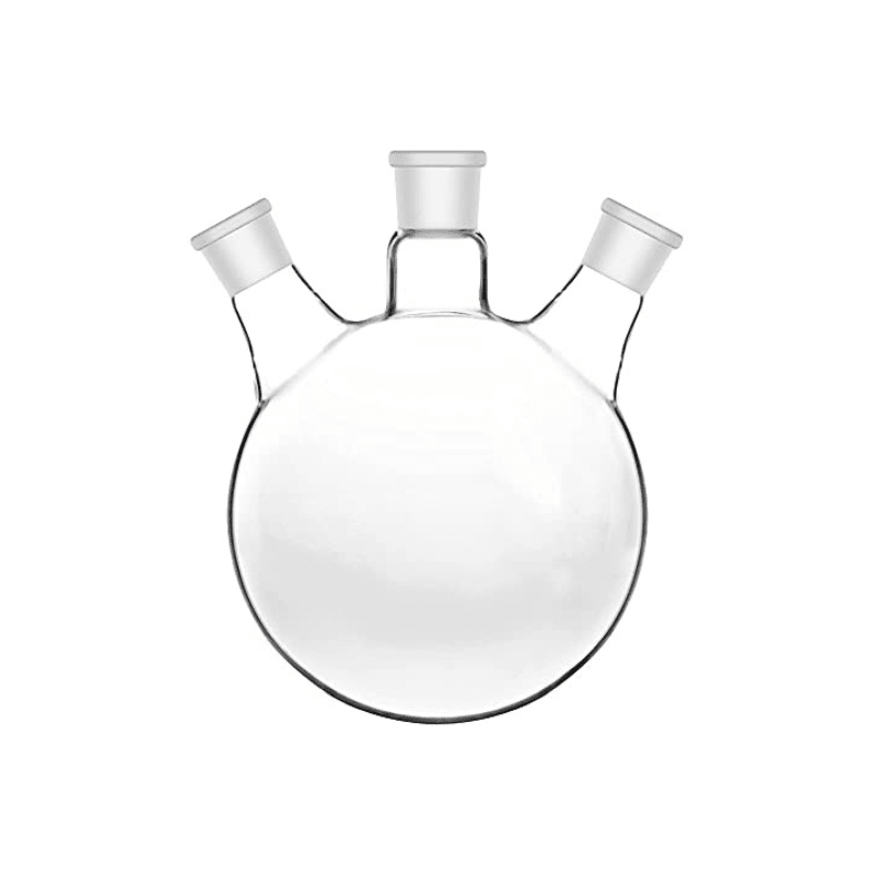 Flask Round Bottom, Angled Shape, Thee Necks