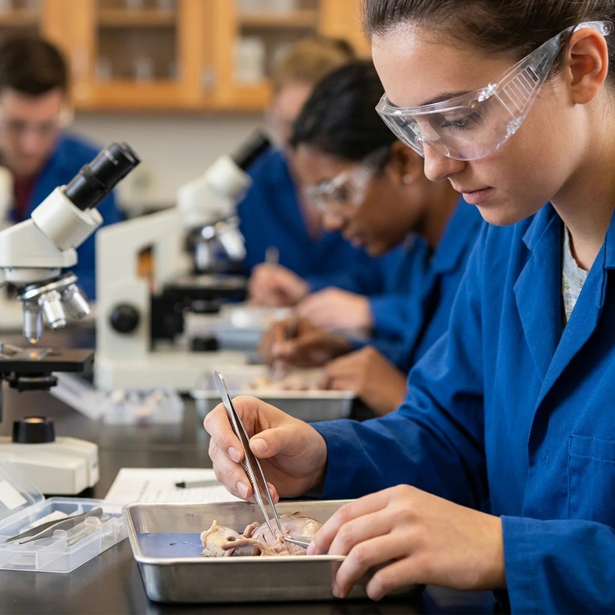 Student using forceps in dissection practical