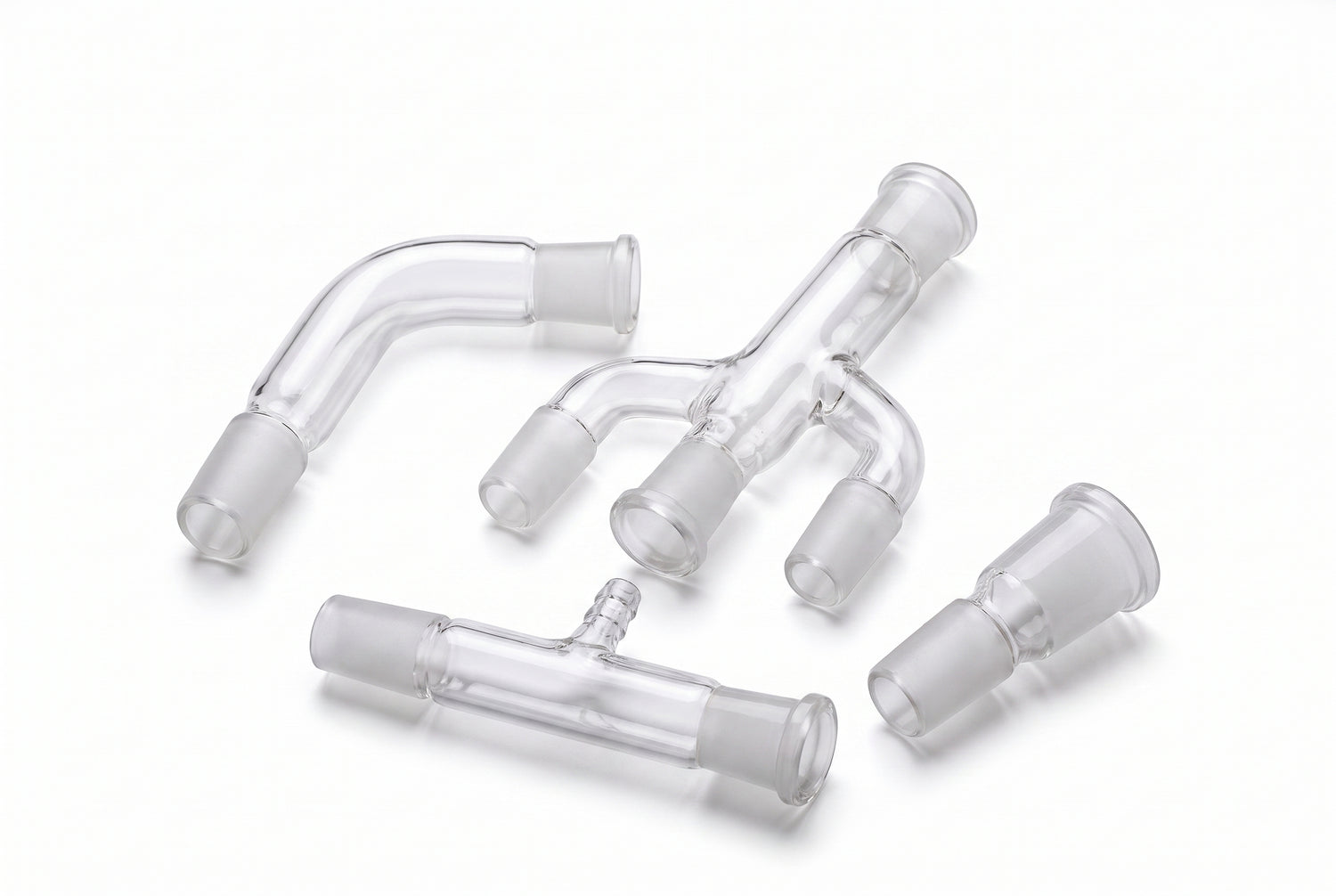 Glass laboratory adapters including elbow bend, Claisen head, vacuum side-arm, and reducing adapters
