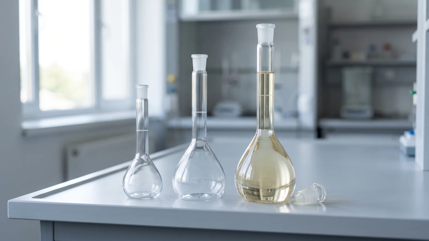 Three clear borosilicate glass volumetric flasks with ground glass stoppers on a laboratory bench