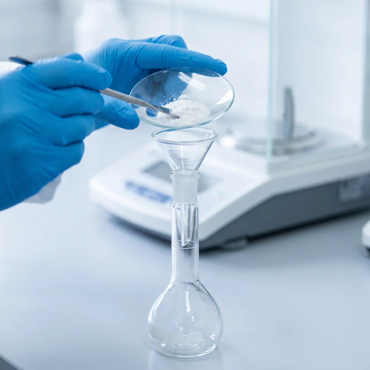 Transferring weighed solid through a funnel into a glass volumetric flask beside an analytical balance