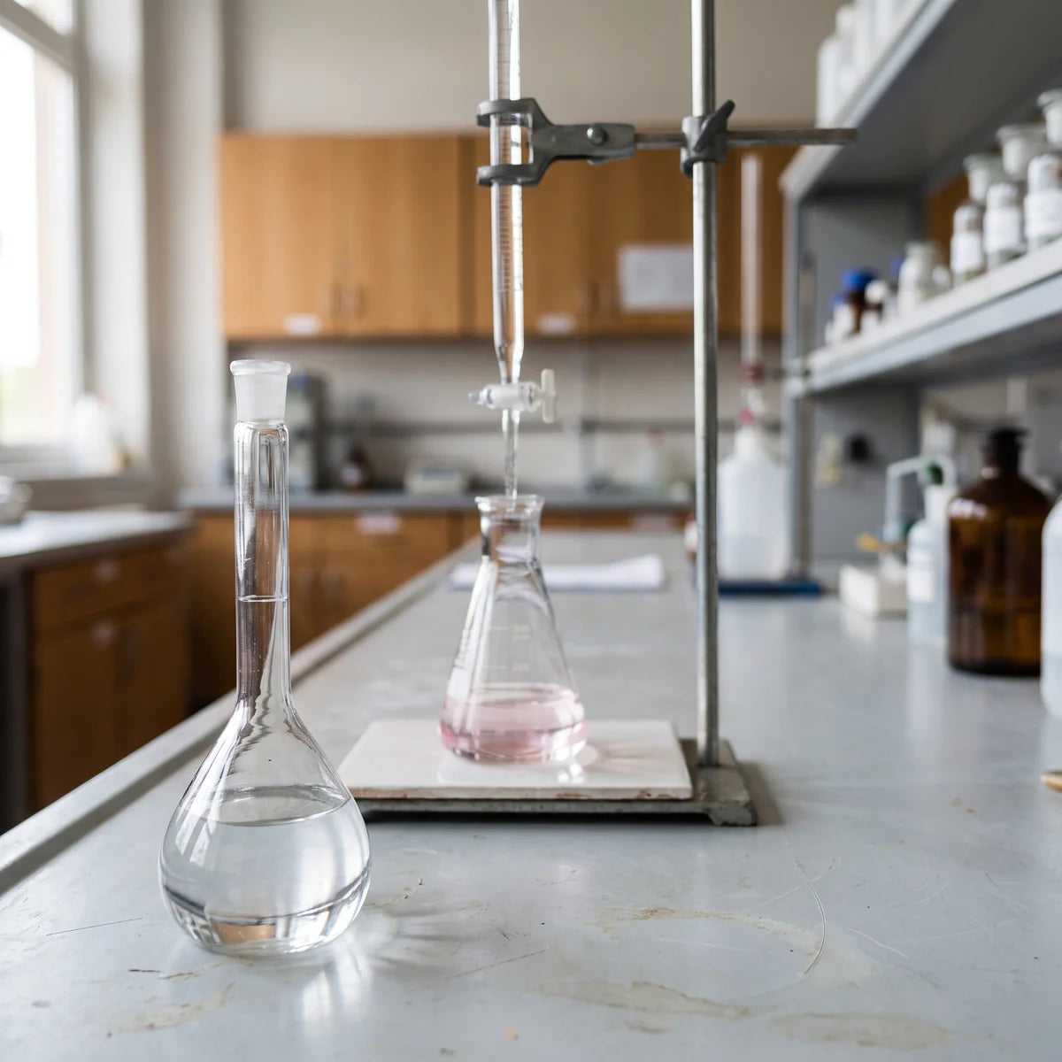 Glass volumetric flask of standard solution beside a burette and conical flask set up for titration