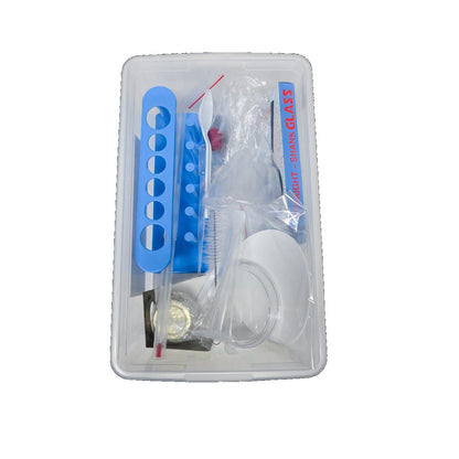 Learner apparatus tub with test tube rack, funnel, petri dish, hand lens and thermometer