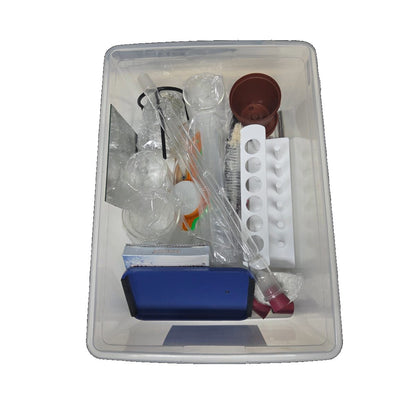 Teacher chemistry apparatus tub with beakers, Liebig condenser, test tube rack and spirit lamp