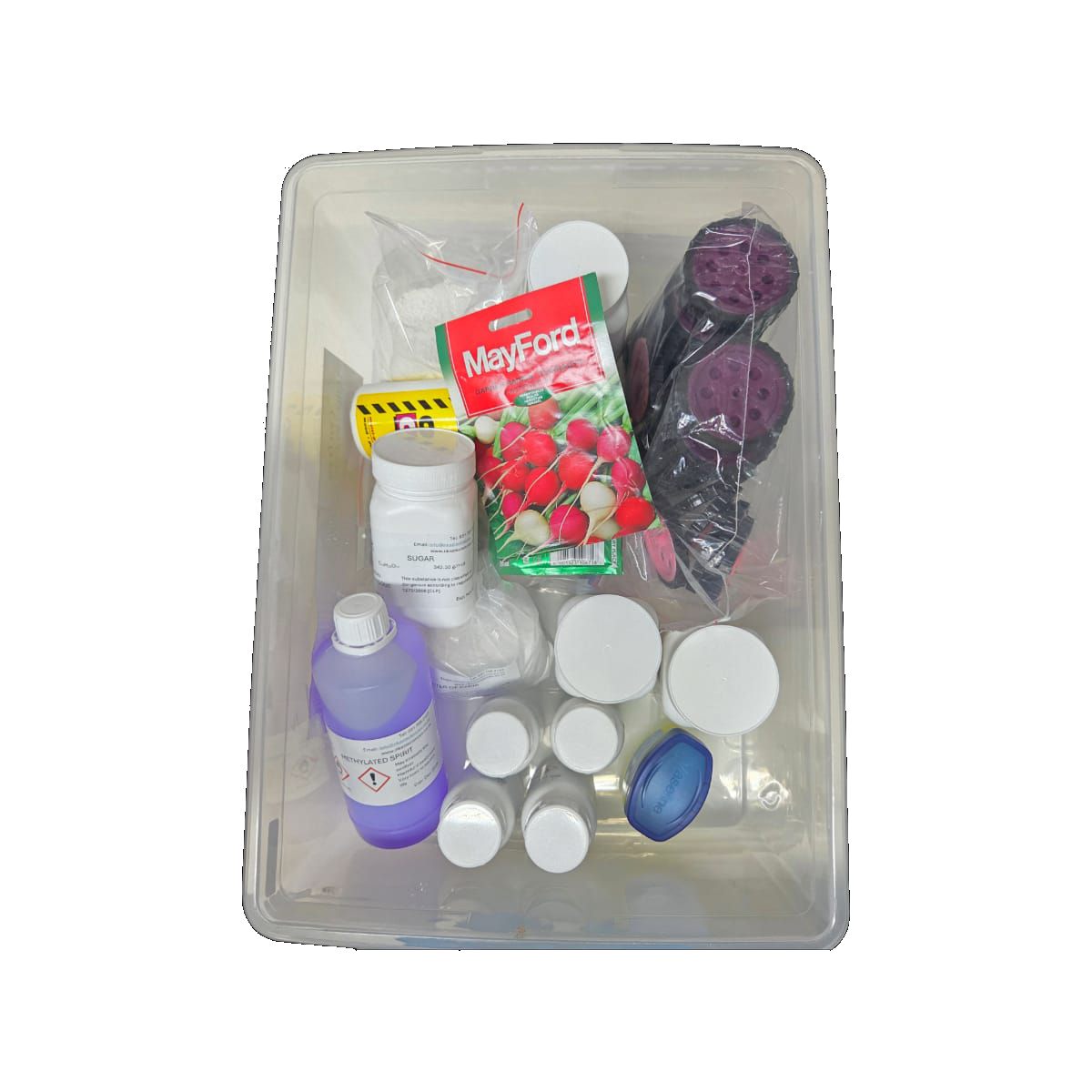 Chemicals and consumables tub with methylated spirits, sugar, radish seeds and wheels