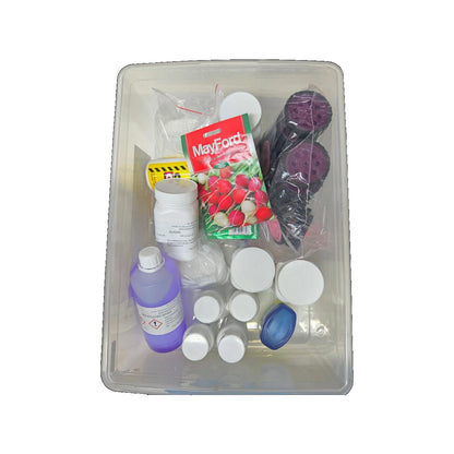 Chemicals and consumables tub with methylated spirits, sugar, radish seeds and wheels